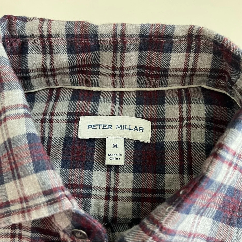 Peter Millar Mens Maroon Blue Plaid light Flannel Long Sleeve Button Down medium - Picture 4 of 5